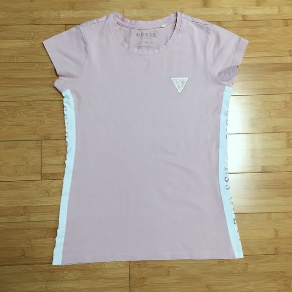 EUC Guess Factory Pink Leann Logo Stripe Crewneck Fitted Short Sleeve Tee - Picture 1 of 3